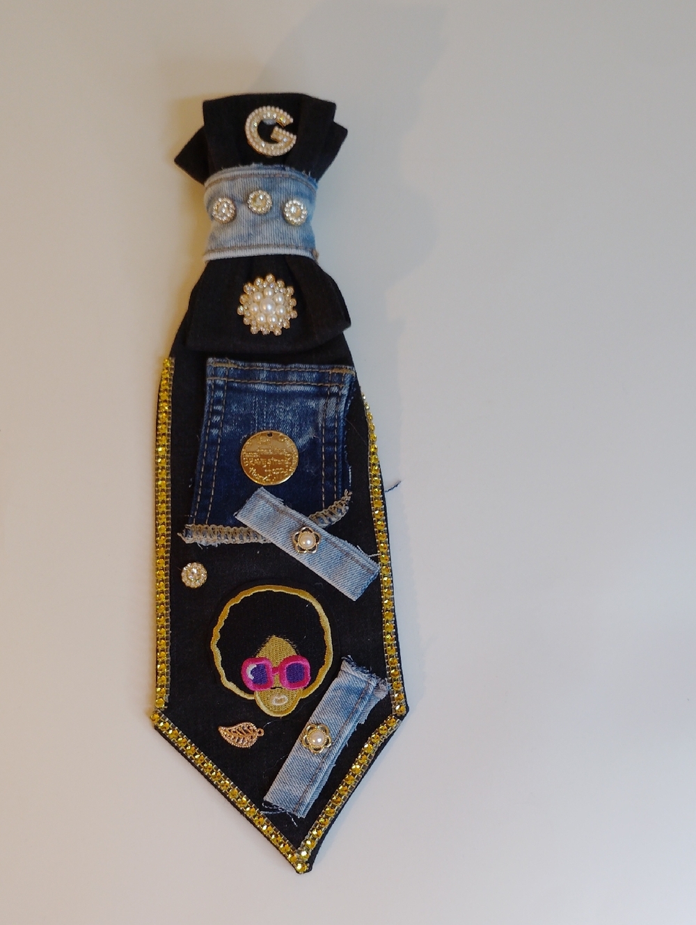 Embellished Black Denim Statement Tie with Gold Trim